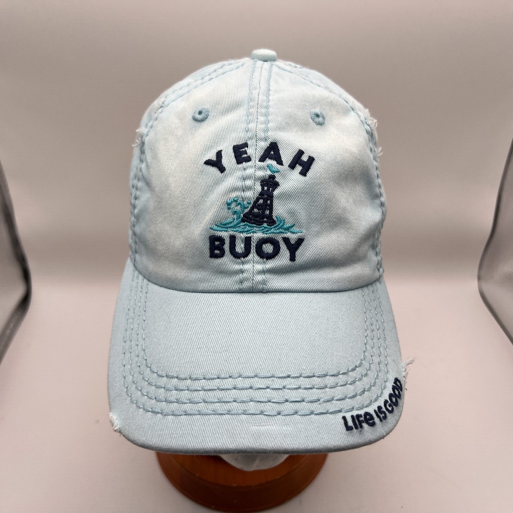 Life is Good Yeah Buoy Light Blue Distressed Adjustable Baseball Hat Cap